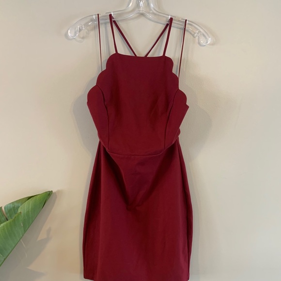 Wine Red Scalloped Hem Mini Dress Medium open back - Picture 3 of 16
